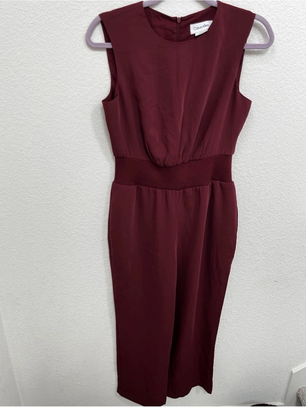 Calvin Klein Sleeveless Burgundy Straight-Leg Jumpsuit
